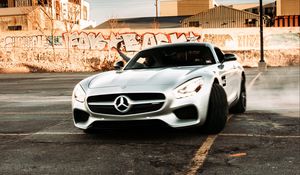 Preview wallpaper mercedes, car, sports car, gray, drift