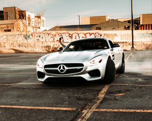 Preview wallpaper mercedes, car, sports car, gray, drift