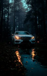 Preview wallpaper mercedes, car, white, front view, forest