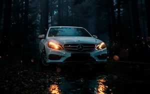 Preview wallpaper mercedes, car, white, front view, forest