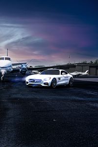 Preview wallpaper mercedes, car, white, aircraft, airport