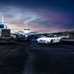 Preview wallpaper mercedes, car, white, aircraft, airport