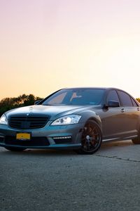 Preview wallpaper mercedes, s63 amg, front view, sunset