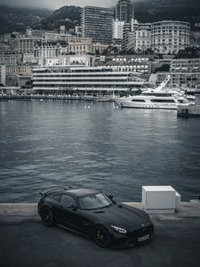 Preview wallpaper mercedes-amg gtr, mercedes, car, black, embankment, city