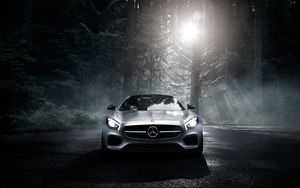 Preview wallpaper mercedes-benz, amg, gt s, 2016, silver, wood, night, front view