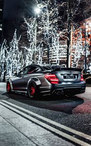 Preview wallpaper mercedes-benz c63 amg, mercedes, car, gray, street, lights, christmas