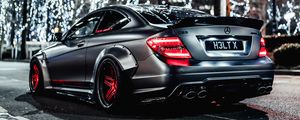 Preview wallpaper mercedes-benz c63 amg, mercedes, car, gray, street, lights, christmas