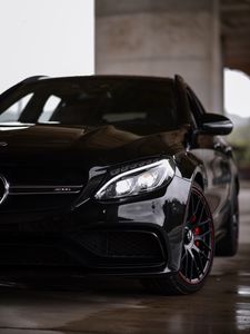 Preview wallpaper mercedes-benz c63s amg, mercedes, car, black, front view