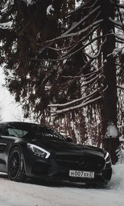 Preview wallpaper mercedes-benz, car, sportscar, black, snow, forest