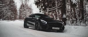 Preview wallpaper mercedes-benz, car, sportscar, black, snow, forest