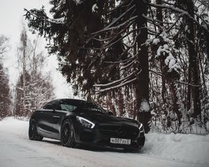 Preview wallpaper mercedes-benz, car, sportscar, black, snow, forest