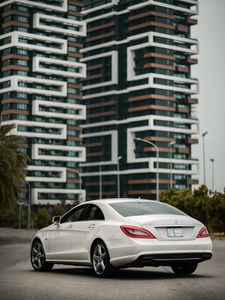 Preview wallpaper mercedes-benz cls350 amg, mercedes, machine, white, buildings, city