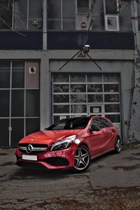 Preview wallpaper mercedes-benz cls-class, mercedes, car, red, side view, urban