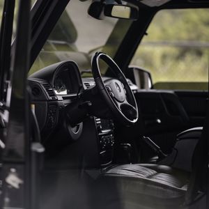 Preview wallpaper mercedes-benz g500, mercedes, car, black, salon, interior, steering wheel, dashboard