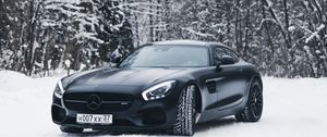 Preview wallpaper mercedes-benz, mercedes, black, snow, forest