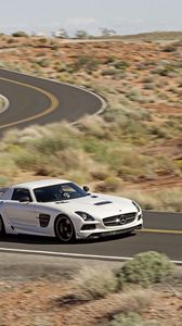 Preview wallpaper mercedes-benz, sls, amg, white, traffic, road