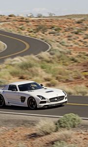 Preview wallpaper mercedes-benz, sls, amg, white, traffic, road