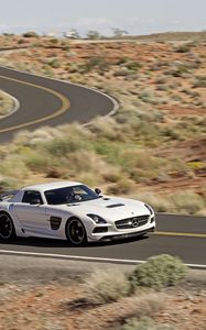 Preview wallpaper mercedes-benz, sls, amg, white, traffic, road