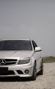 Preview wallpaper mercedes-benz w204, mercedes, car, gray, front view, road