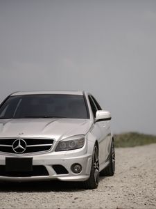 Preview wallpaper mercedes-benz w204, mercedes, car, gray, front view, road