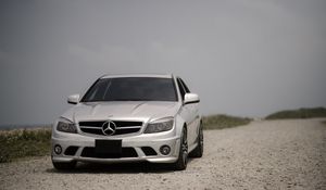 Preview wallpaper mercedes-benz w204, mercedes, car, gray, front view, road