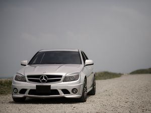 Preview wallpaper mercedes-benz w204, mercedes, car, gray, front view, road