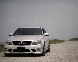 Preview wallpaper mercedes-benz w204, mercedes, car, gray, front view, road