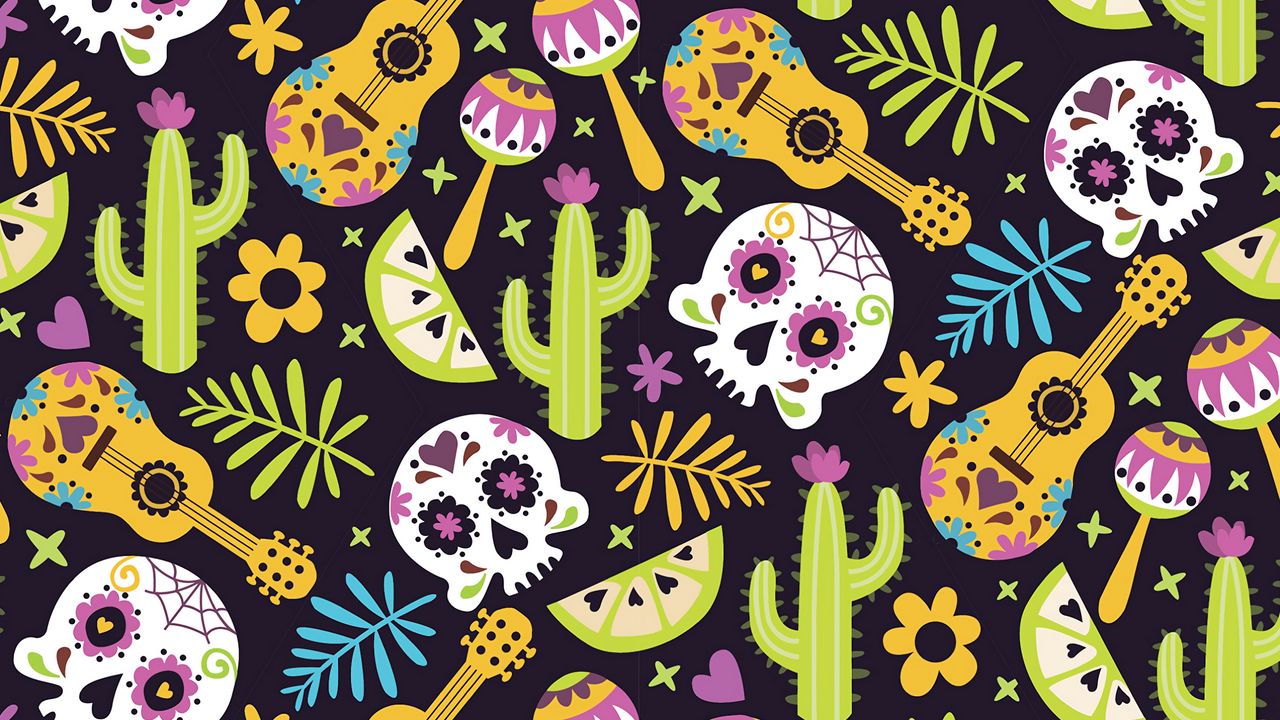 Wallpaper mexico, skull, guitar, cacti, patterns, texture, pattern