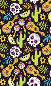 Preview wallpaper mexico, skull, guitar, cacti, patterns, texture, pattern