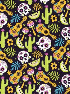 Preview wallpaper mexico, skull, guitar, cacti, patterns, texture, pattern