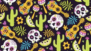Preview wallpaper mexico, skull, guitar, cacti, patterns, texture, pattern