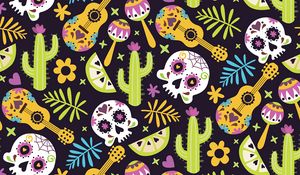 Preview wallpaper mexico, skull, guitar, cacti, patterns, texture, pattern