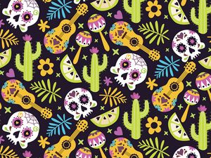 Preview wallpaper mexico, skull, guitar, cacti, patterns, texture, pattern