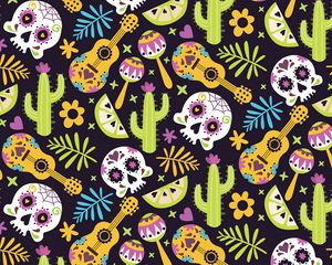 Preview wallpaper mexico, skull, guitar, cacti, patterns, texture, pattern