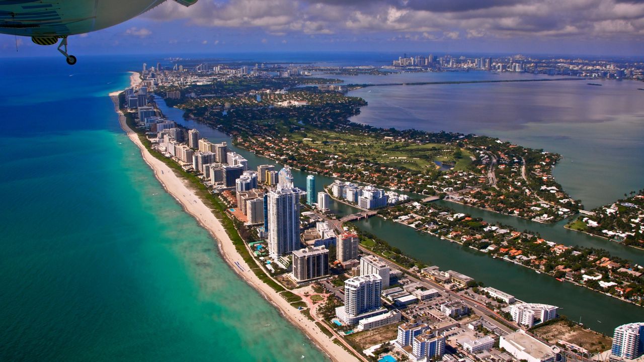 Wallpaper miami, city, flight, view from the height of, ocean