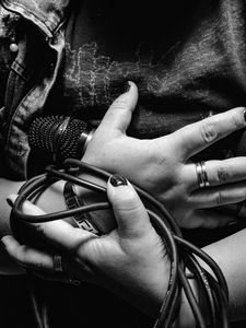 Preview wallpaper microphone, wire, hands, bw, decoration