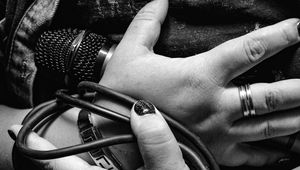 Preview wallpaper microphone, wire, hands, bw, decoration
