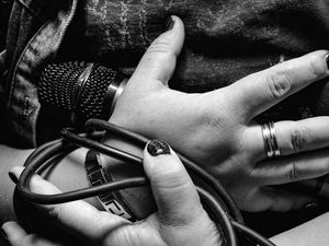 Preview wallpaper microphone, wire, hands, bw, decoration