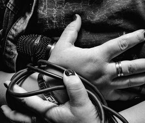 Preview wallpaper microphone, wire, hands, bw, decoration