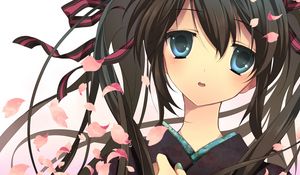 Preview wallpaper miku in a kimono, girl, brunette, petals, look