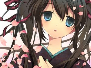 Preview wallpaper miku in a kimono, girl, brunette, petals, look