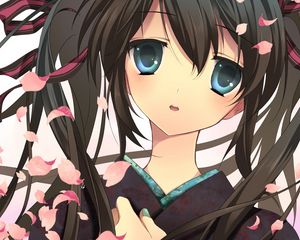 Preview wallpaper miku in a kimono, girl, brunette, petals, look