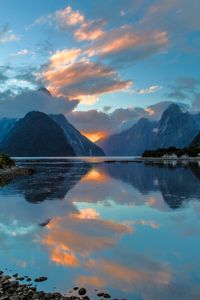 Preview wallpaper milford sound, new zealand, bay, reflection, mountains