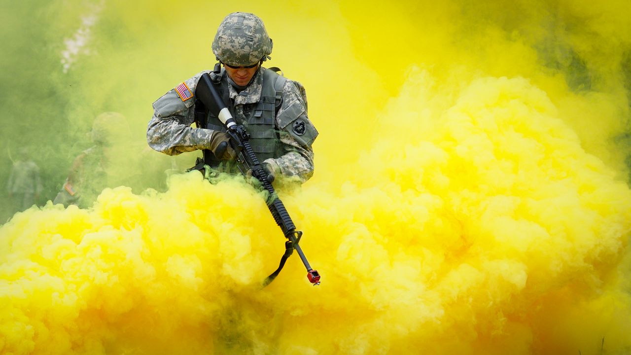 Wallpaper military, camouflage, weapon, rifle, smoke, yellow
