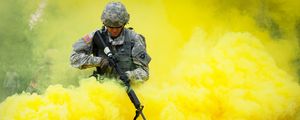 Preview wallpaper military, camouflage, weapon, rifle, smoke, yellow