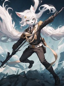 Preview wallpaper military, neko, jump, weapon, anime