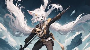 Preview wallpaper military, neko, jump, weapon, anime