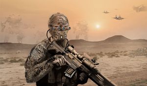 Preview wallpaper military, soldier, mask, rifle, desert