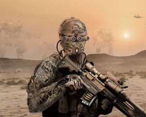 Preview wallpaper military, soldier, mask, rifle, desert
