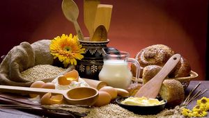 Preview wallpaper milk, cheese, eggs, bread, still life, components